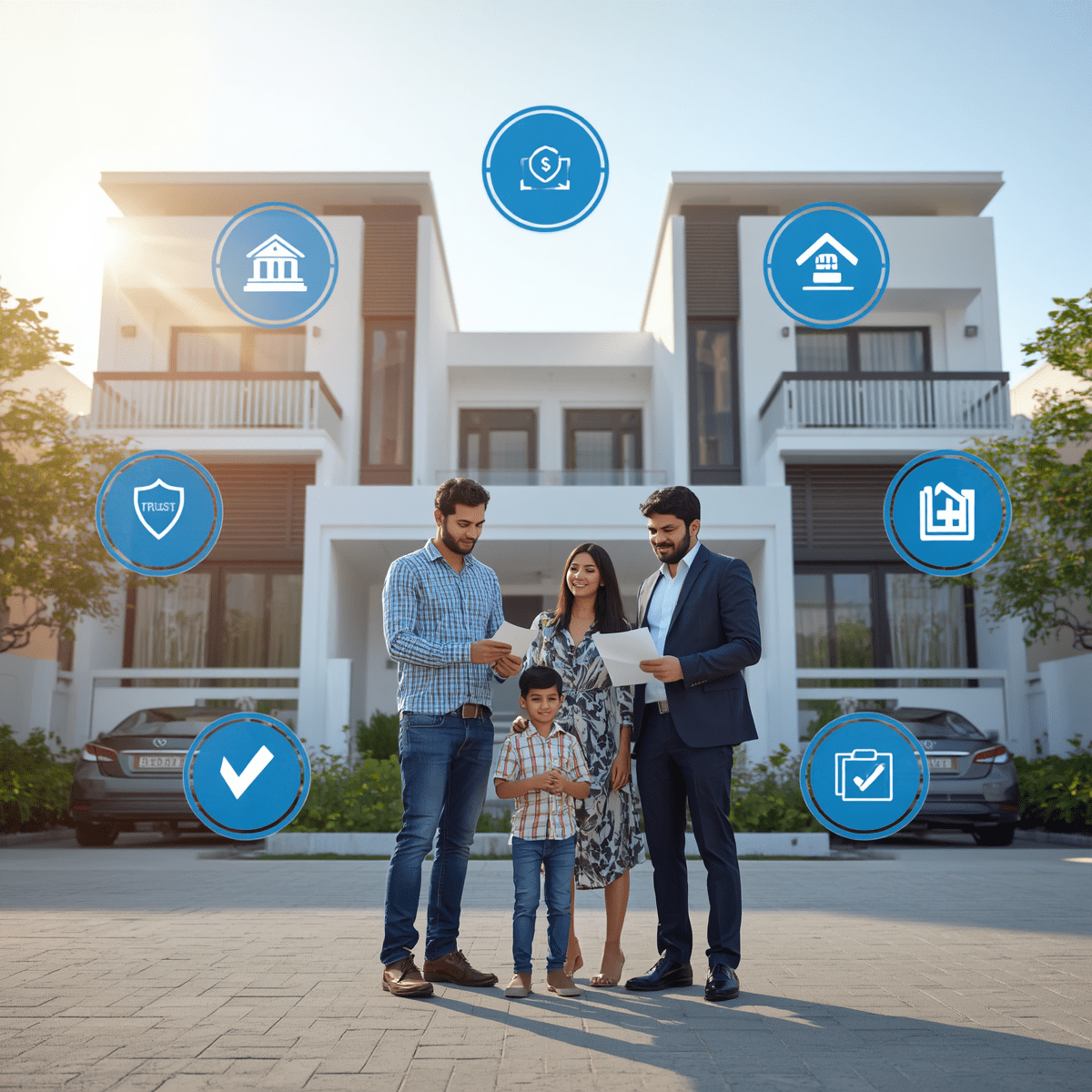 Indian family reviewing RERA-approved property documents with a real estate consultant in front of a modern residential apartment project.