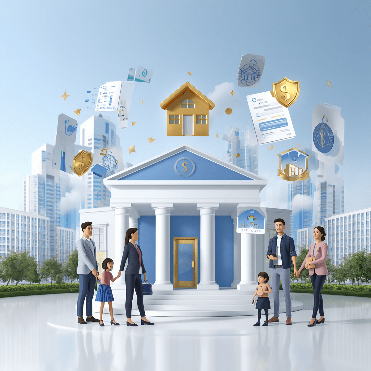 Professional property consultant assisting a family with home loan approval, financing options, and property purchase documentation.