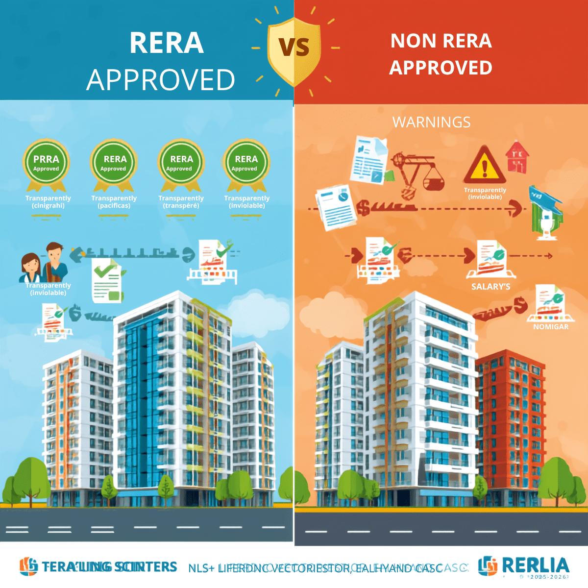 Colorful comparison graphic showing RERA-approved residential projects with verified documents and secure investment features versus non-RERA projects with risk indicators.