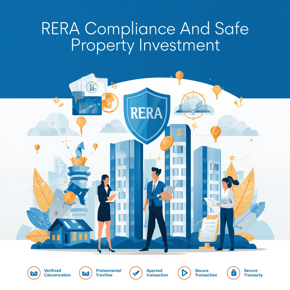 Graphic illustration showing RERA compliance, verified property documents, homebuyers, and a real estate consultant ensuring safe property investment.