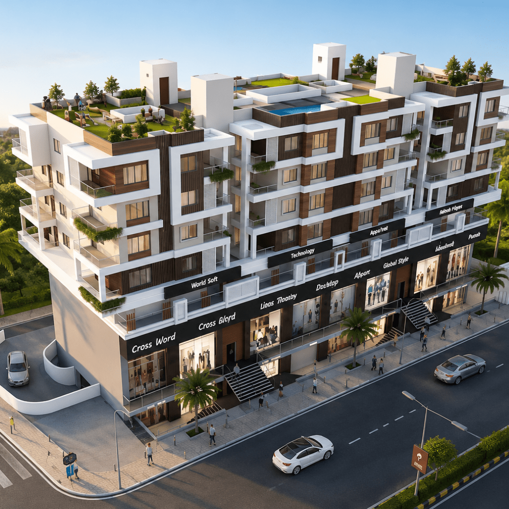 Premium 2BHK ready possession apartment project at Moshi Spine Road, Pune featuring modern architecture, commercial shops, rooftop amenities, and excellent connectivity.